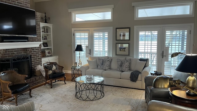 living area featuring a fireplace