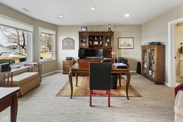 dining room featuring visible vents, baseboards, light carpet, recessed lighting, and a textured ceiling