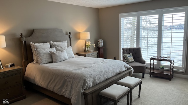 bedroom featuring a textured ceiling and light carpet