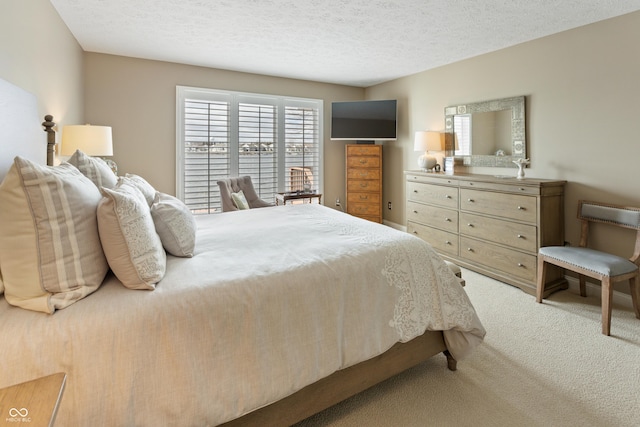 bedroom with carpet floors and a textured ceiling