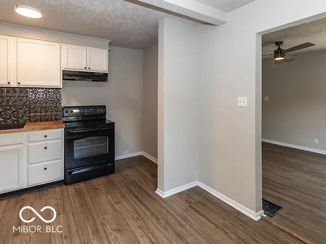 kitchen with white cabinetry, black electric range oven, ventilation hood, and dark wood-style flooring