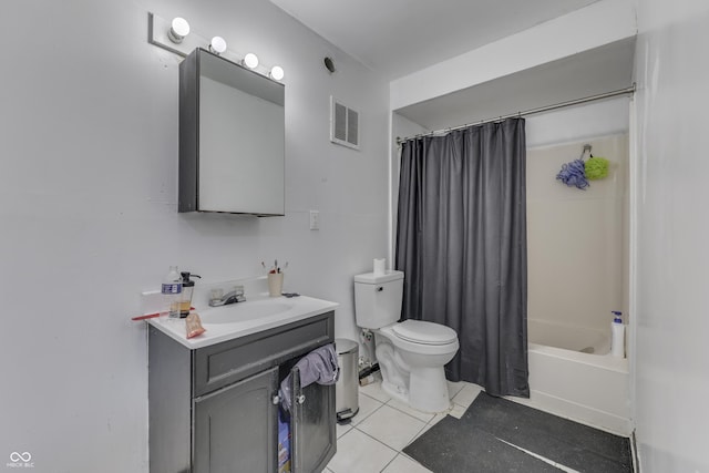 full bath featuring tile patterned floors, visible vents, toilet, shower / bath combo, and vanity