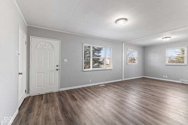 foyer featuring baseboards, plenty of natural light, and dark wood-style floors