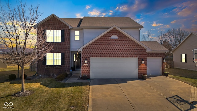 traditional-style house with brick siding, roof with shingles, a lawn, driveway, and an attached garage