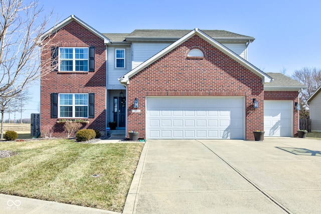 traditional home with brick siding, concrete driveway, a front yard, and a garage