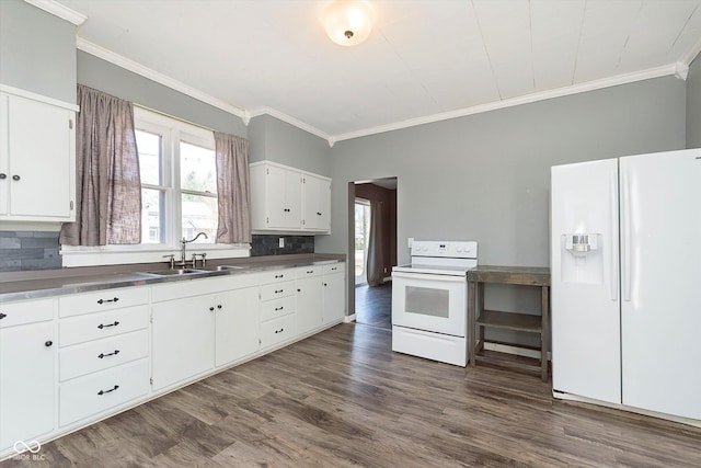 kitchen with crown molding, dark wood-type flooring, white appliances, white cabinetry, and a sink