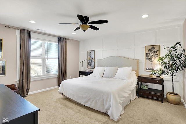 bedroom featuring visible vents, baseboards, light carpet, recessed lighting, and a ceiling fan