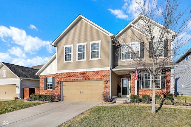 view of front facade featuring a front lawn, a garage, brick siding, and driveway