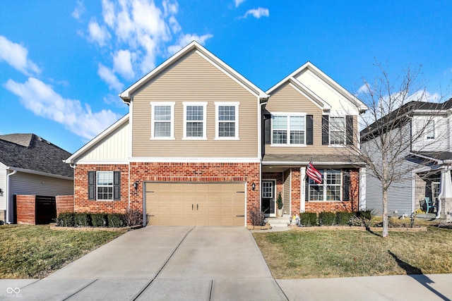 view of front of property featuring a front yard, an attached garage, brick siding, and driveway