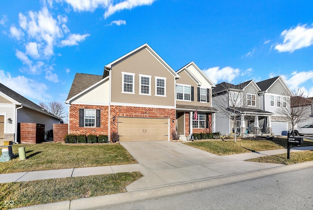 traditional-style home with brick siding, a garage, driveway, and a front lawn