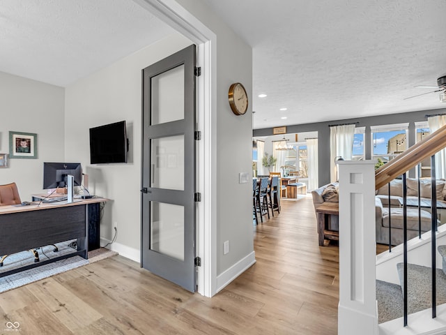 office space featuring light wood-type flooring, baseboards, a textured ceiling, and a ceiling fan