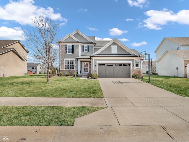 view of front of house with brick siding, an attached garage, concrete driveway, and a front lawn