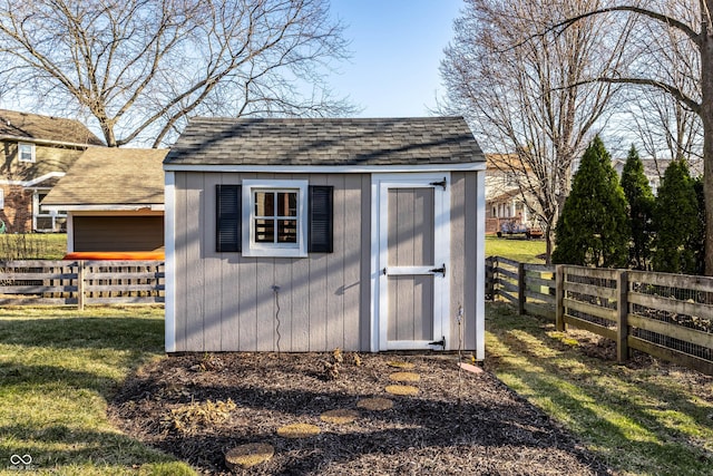 view of shed featuring a fenced backyard