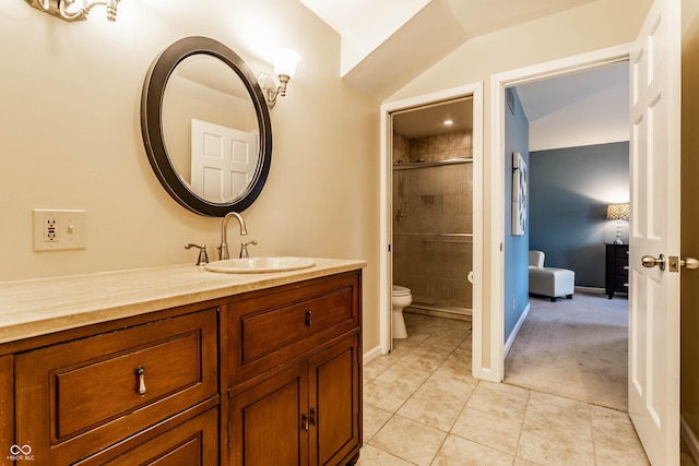 full bathroom featuring vanity, baseboards, a shower stall, tile patterned floors, and toilet