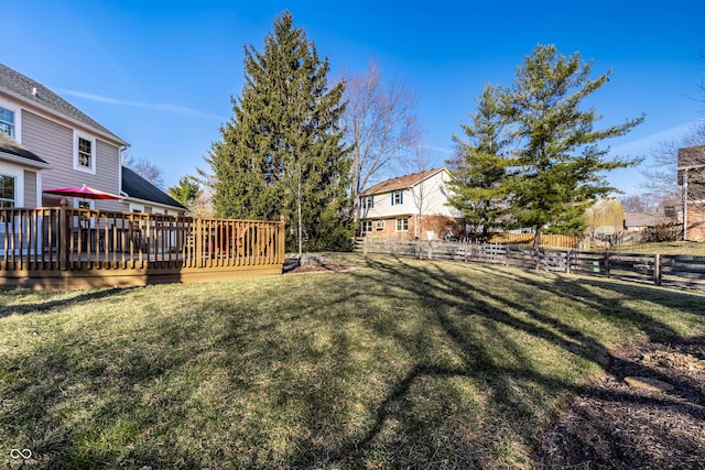 view of yard with a deck and fence