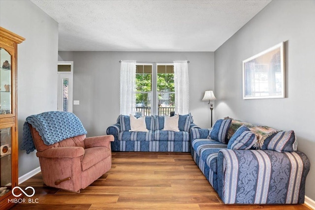 living room featuring baseboards, a textured ceiling, and wood finished floors