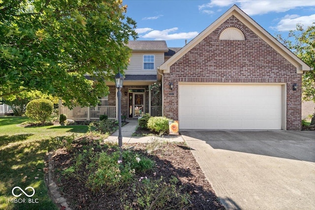 view of front facade featuring driveway, covered porch, an attached garage, a front yard, and brick siding