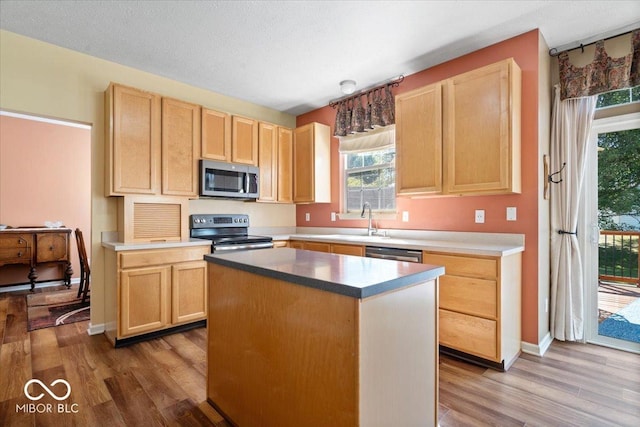 kitchen with a sink, light brown cabinets, stainless steel appliances, and wood finished floors