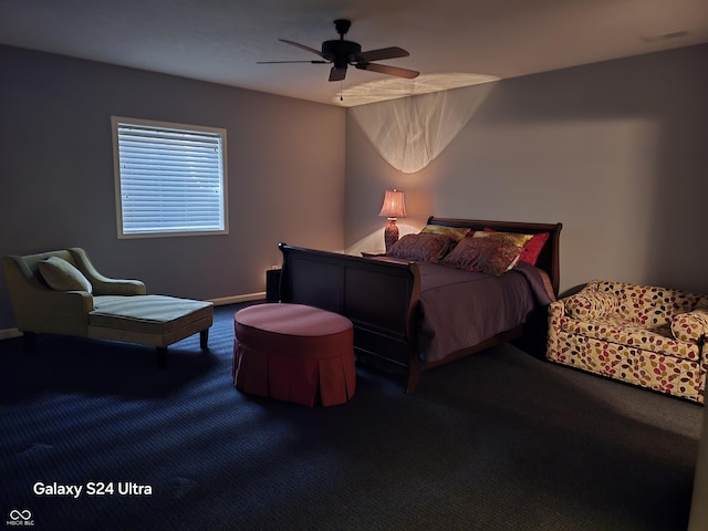 bedroom featuring carpet floors, baseboards, and ceiling fan