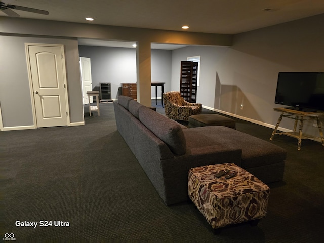 living room with ceiling fan, baseboards, dark colored carpet, and recessed lighting