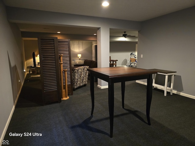 carpeted dining space with ceiling fan, baseboards, and recessed lighting
