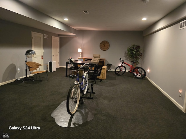interior space featuring recessed lighting, carpet floors, visible vents, and baseboards