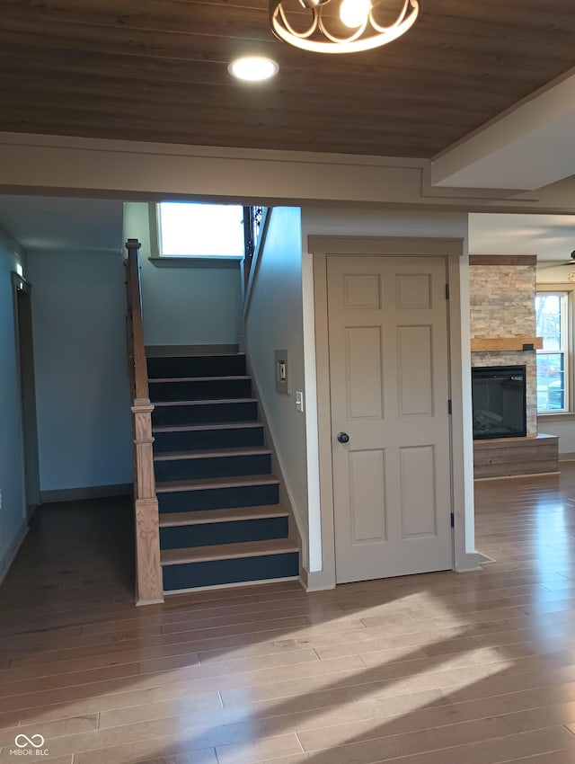 5603 S Randolph St, Indianapolis, IN 46227 - stairway featuring wooden ceiling, baseboards, and wood finished floors