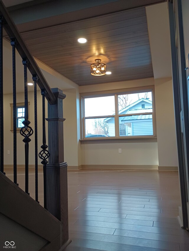 5603 S Randolph St, Indianapolis, IN 46227 - hall featuring wood ceiling, stairway, wood finished floors, and recessed lighting