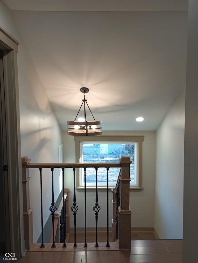 5603 S Randolph St, Indianapolis, IN 46227 - stairs with baseboards, a chandelier, and recessed lighting