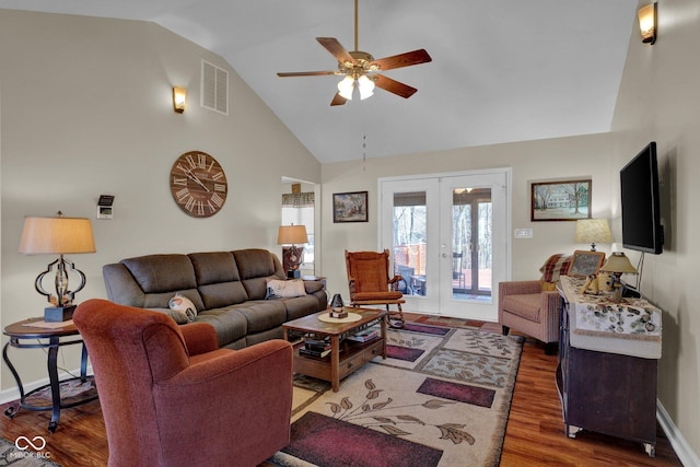 living area featuring visible vents, wood finished floors, french doors, baseboards, and ceiling fan