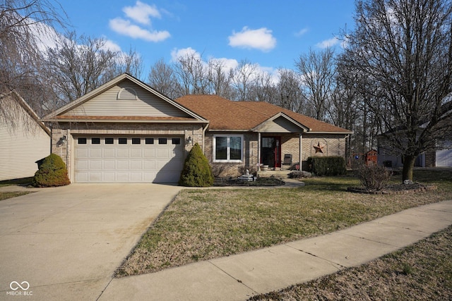 single story home featuring a front yard, driveway, a shingled roof, a garage, and brick siding