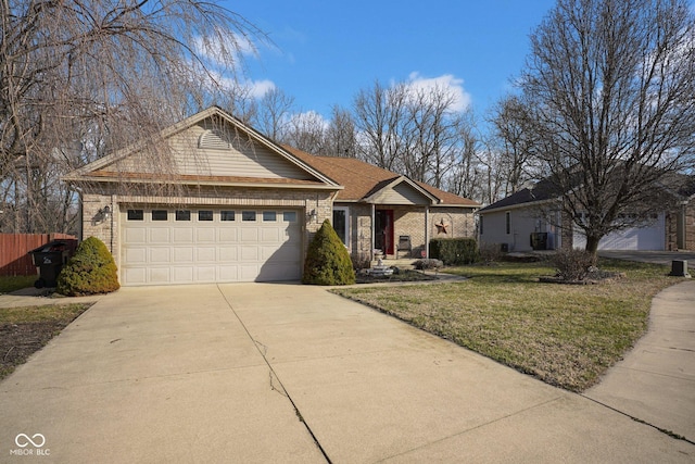 ranch-style house with brick siding, fence, a front yard, a garage, and driveway