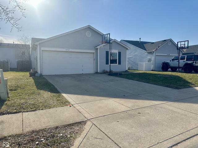 ranch-style house featuring a front lawn, concrete driveway, a garage, and fence