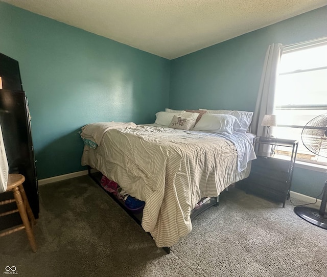 bedroom featuring multiple windows, a textured ceiling, baseboards, and carpet floors