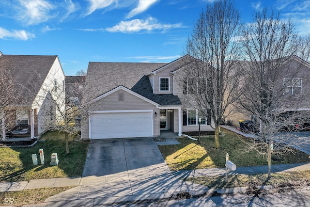 view of front of house featuring a front lawn, concrete driveway, a garage, and a shingled roof