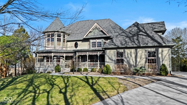 view of front facade featuring a porch, a front yard, and roof with shingles