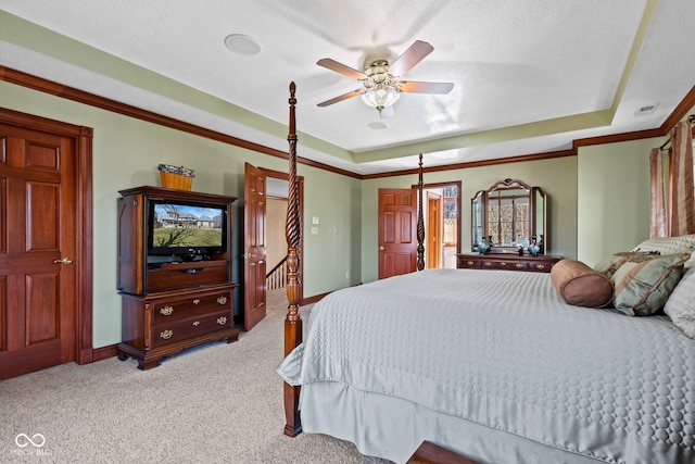 bedroom featuring carpet flooring, baseboards, and a tray ceiling