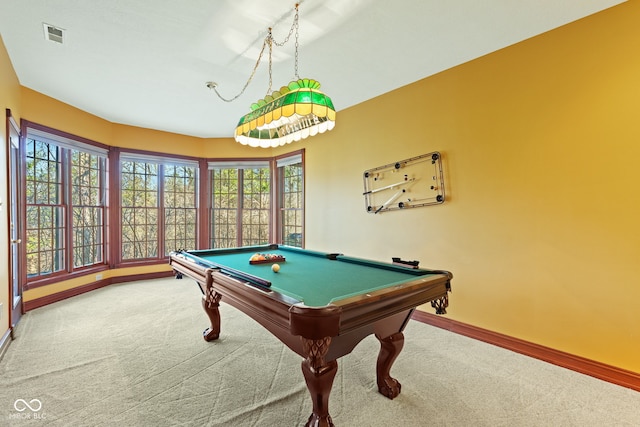 playroom featuring carpet flooring, a healthy amount of sunlight, billiards, and baseboards