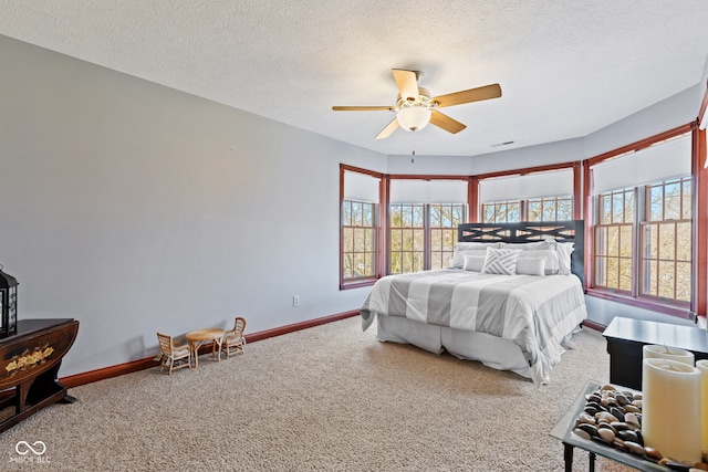 bedroom featuring baseboards, multiple windows, a textured ceiling, and carpet floors