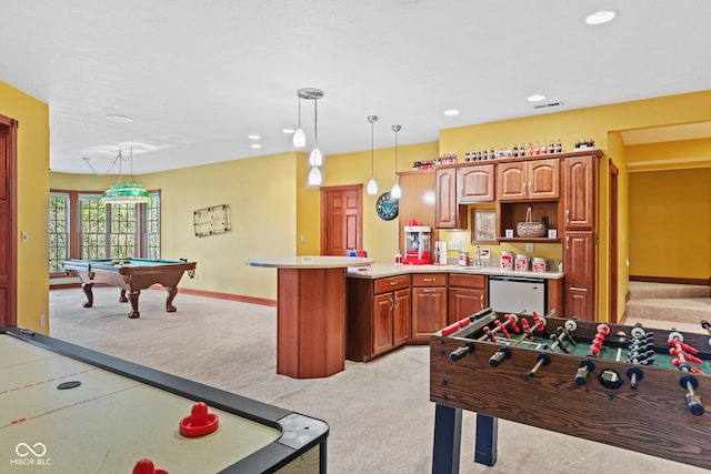 recreation room featuring visible vents, light carpet, recessed lighting, pool table, and baseboards