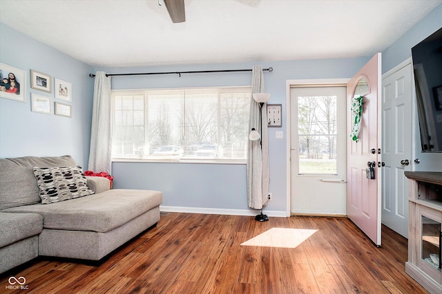 foyer with baseboards and wood finished floors