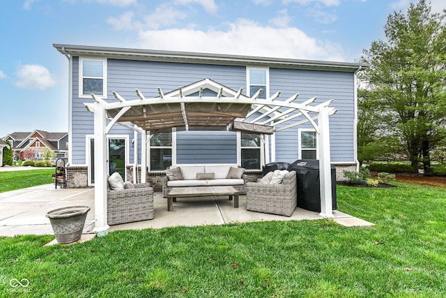 back of house featuring a patio area, a lawn, outdoor lounge area, and a pergola