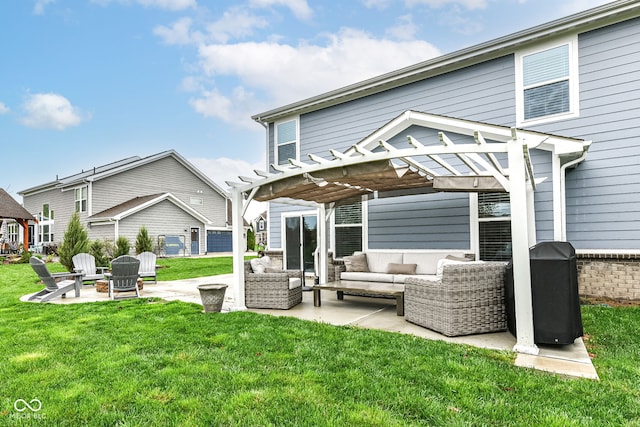 back of house with outdoor lounge area, a patio, a yard, and a pergola