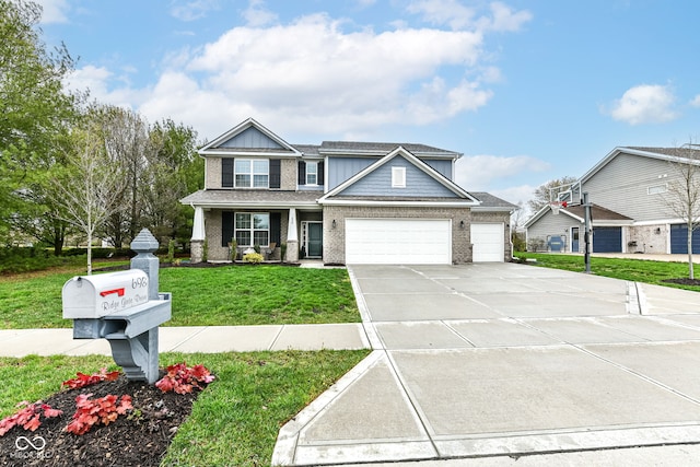 view of front of house with board and batten siding, concrete driveway, a front yard, a garage, and brick siding