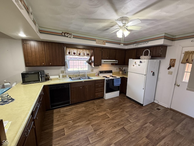 kitchen with dark wood-style flooring, black appliances, light countertops, and a sink