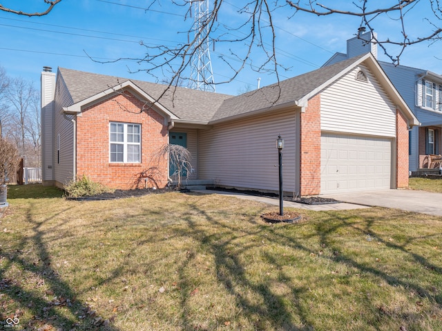 ranch-style house with brick siding, an attached garage, and a chimney