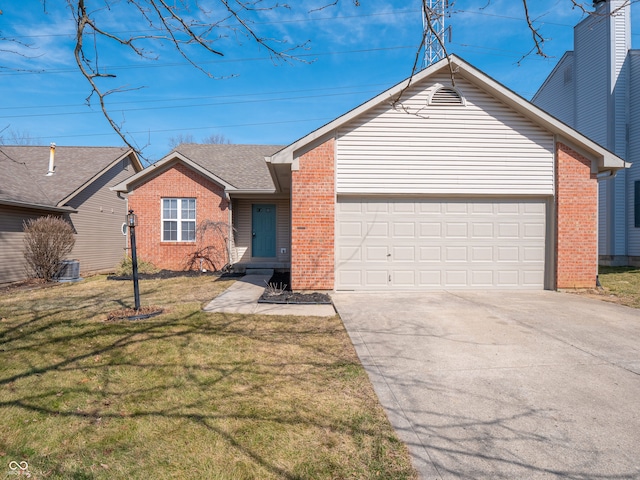 ranch-style home featuring brick siding, concrete driveway, a front yard, roof with shingles, and an attached garage