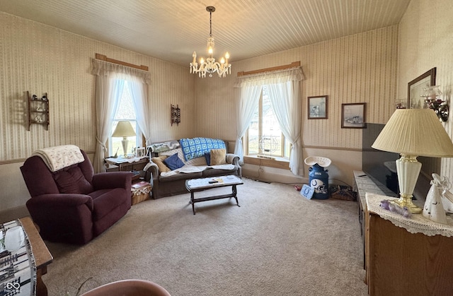 5395 W State Road 38, New Castle, IN 47362 - living room with carpet floors, a chandelier, and wallpapered walls