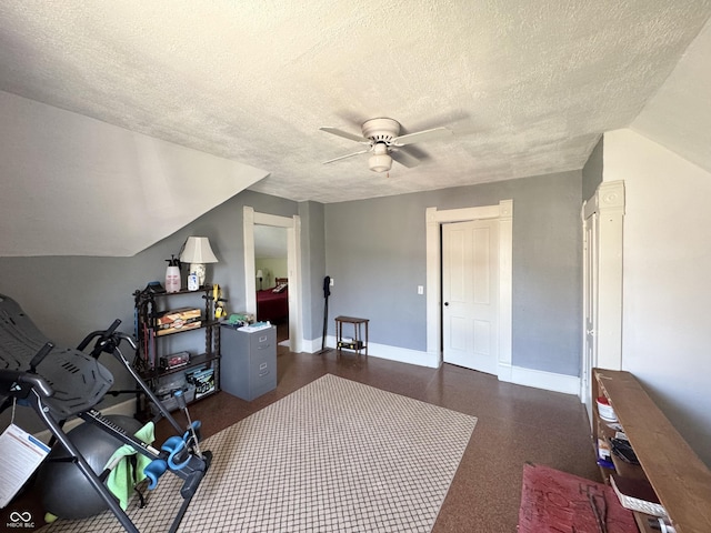 5395 W State Road 38, New Castle, IN 47362 - interior space with a textured ceiling, baseboards, lofted ceiling, and a ceiling fan