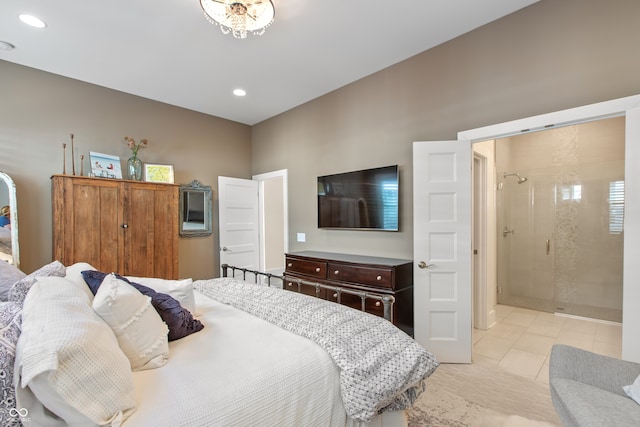 bedroom with recessed lighting and light tile patterned flooring